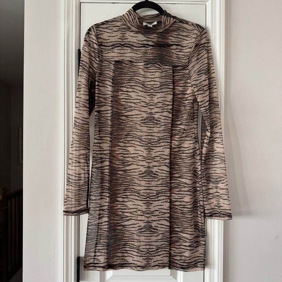 Topshop Sheer Tiger Print Mesh Mini Dress Long Sleeve Bodycon Size US 12 - Picture 1 of 5